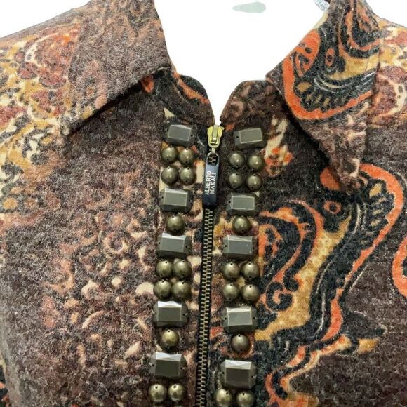 Alberto Makali Brown Paisley Mesh Lined Embellished Metallic Light Jacket Sz Med - Picture 2 of 6